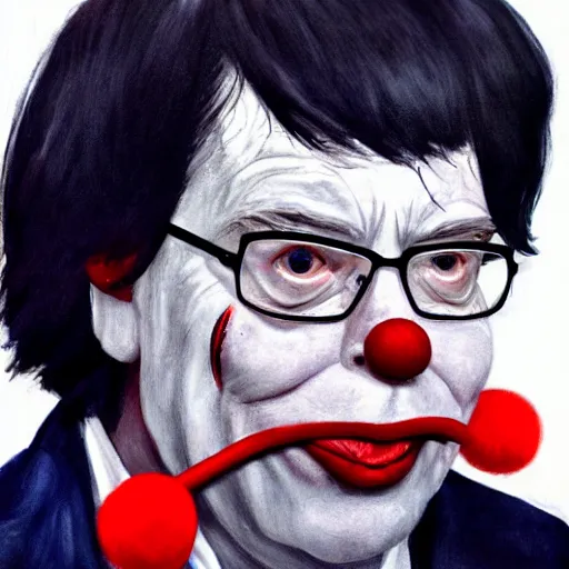 Image similar to a portrait of stephen king with clown makeup on