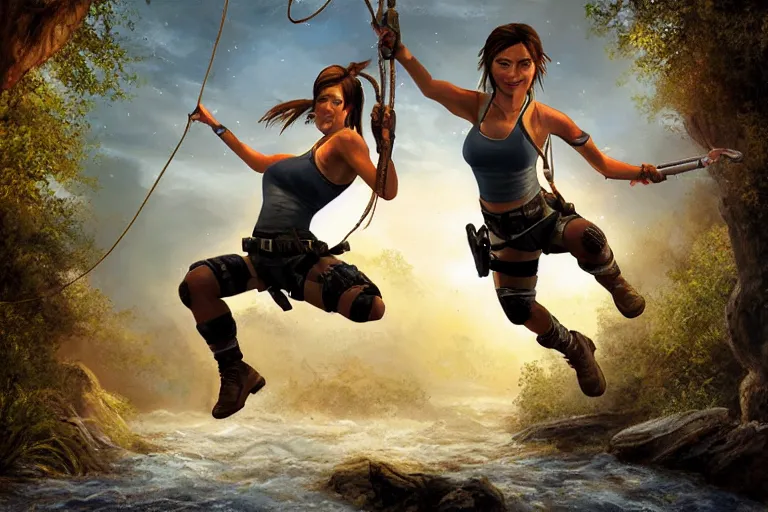 Prompt: extremely derpy looking Lara Croft jumping from rope to rope hanging over a roaring ancient river, fireflies by Lilia Alvarado