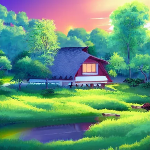 Prompt: a serene landscape with a singular house near a river at sunset, anime style, colorful, calm, high quality