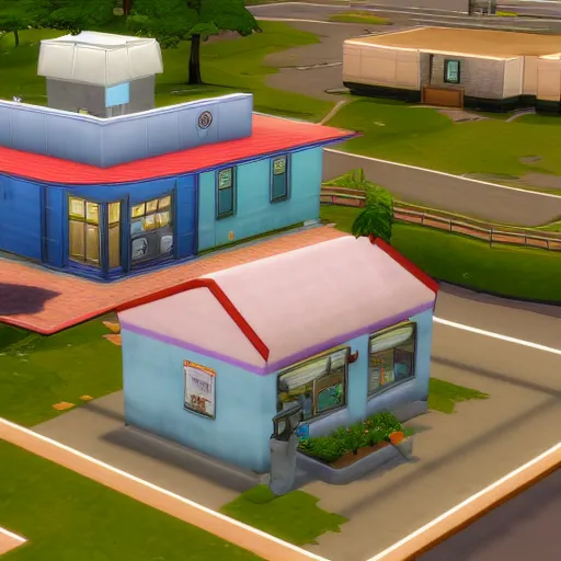 Prompt: Los Pollos Hermanos restaurant from Breaking Bad faithfully recreated in The Sims 4