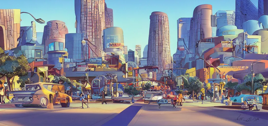 Image similar to futuristic street at a l. a. cityscape, visual development by lou romano, evening at dusk, pixar