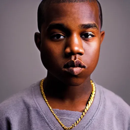 Image similar to the face of young kanye west wearing yeezy clothing at 1 3. 5 years old, portrait by julia cameron, chiaroscuro lighting, shallow depth of field, 8 0 mm, f 1. 8