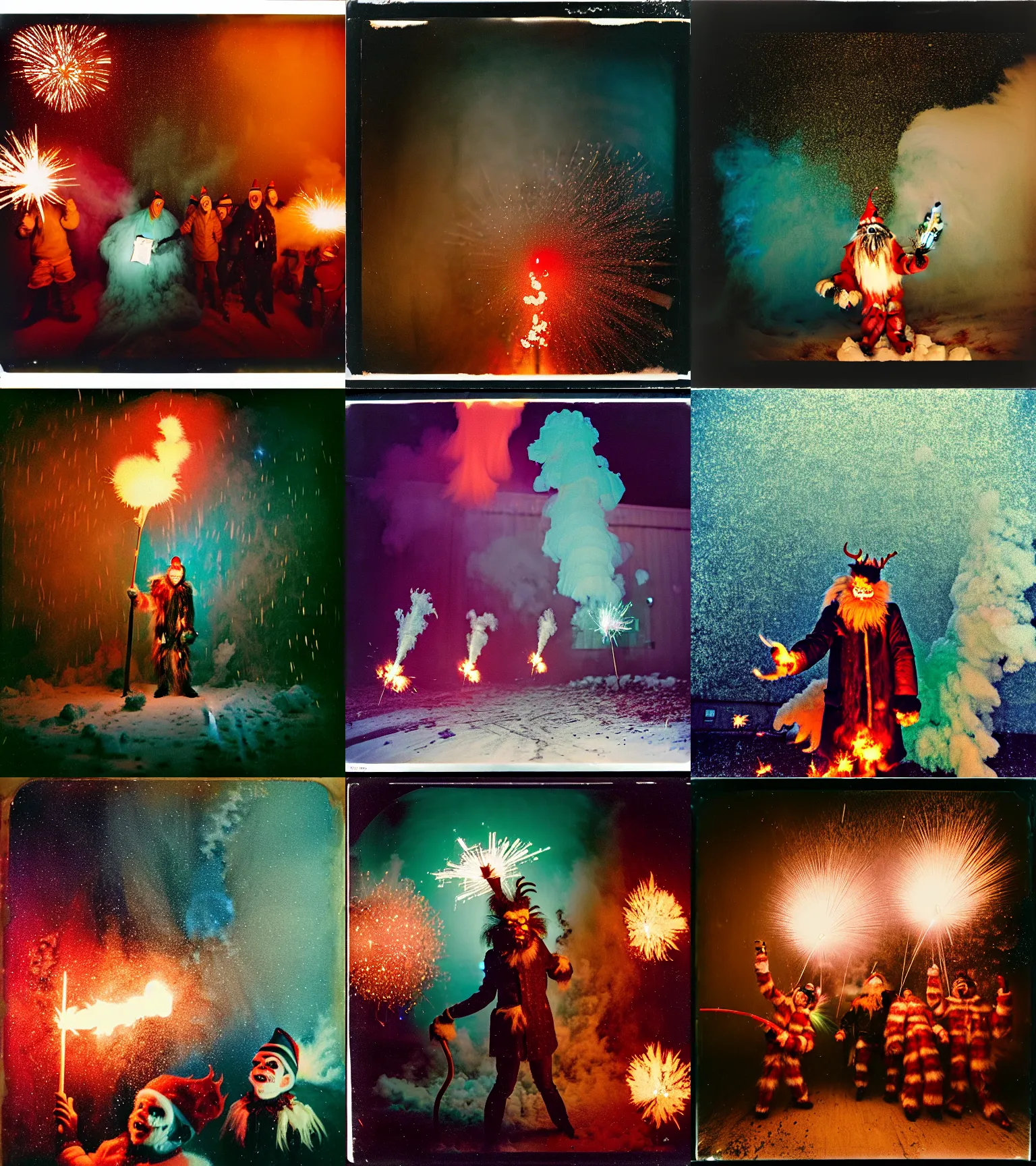 Image similar to kodak portra 4 0 0, wetplate, winter, snowflakes, rainbow coloured rockets, chaos, glitter tornados, award winning dynamic photo of a bunch of hazardous krampus between exploding fire barrels by robert capas, motion blur, in a small pantry at night with colourful pyro fireworks and torches, teal lights