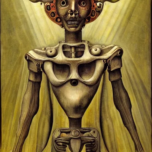 Image similar to weeping robot wearing the bone crown, by Annie Swynnerton and Diego Rivera and Evelyn De Morgan, symbolist, dramatic lighting, elaborate geometric ornament, Art Brut ,god rays, soft cool colors,smooth, sharp focus, extremely detailed, Adolf Wölfli