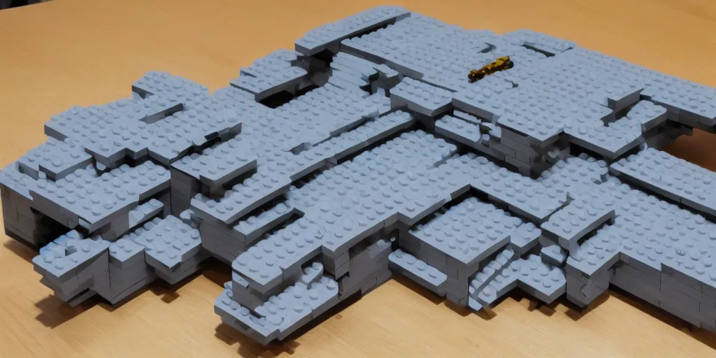 Image similar to gigantic spaceship made with grey legobricks, flying in the galaxy