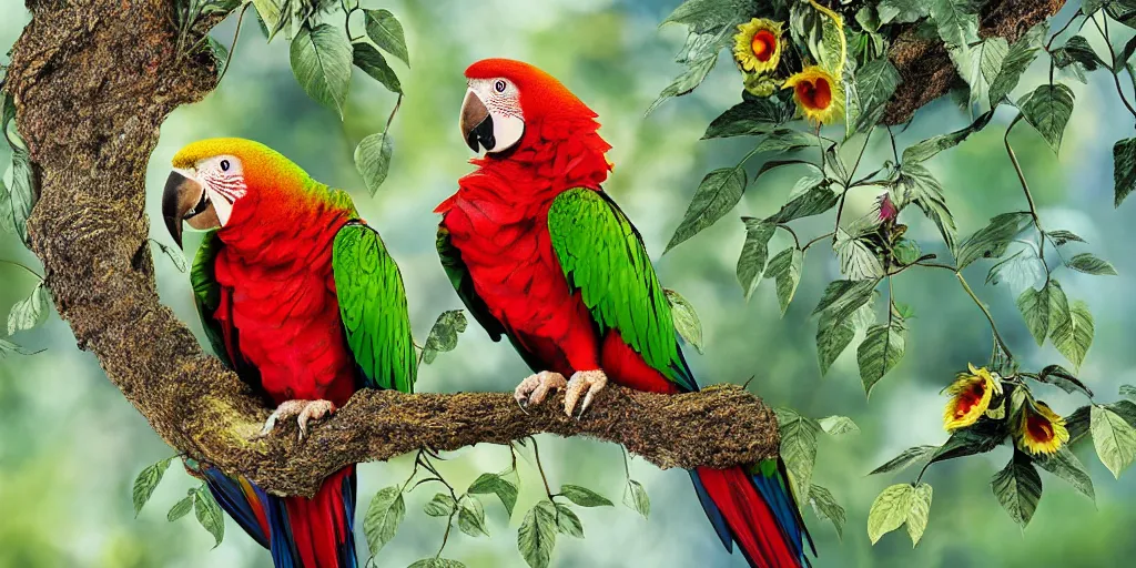 Image similar to angry green parrot with red wings sitting in a tree, surrounded by sunflower seeds, high detail, national geographic photorealistic