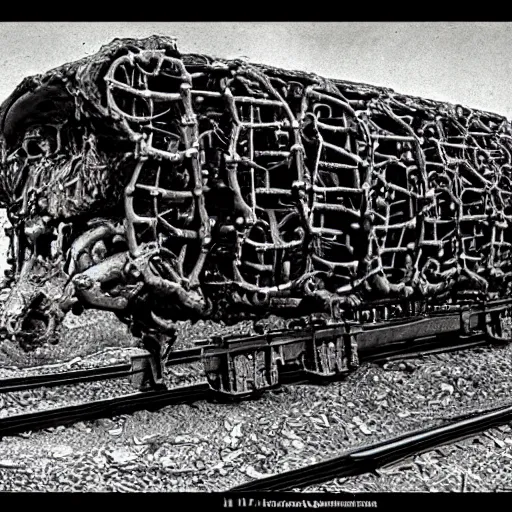 Prompt: boxcar made of human meat and bone, biomechanical railroad, highly detailed, War Photography, Pushead art, by H.R. Giger