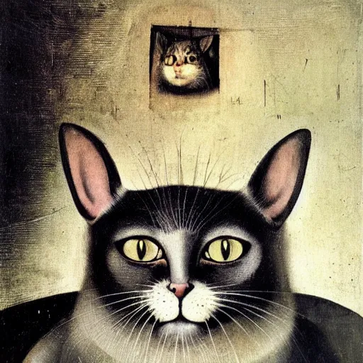 Image similar to stunning portrait of the cat of cheshire by hieronymus bosch