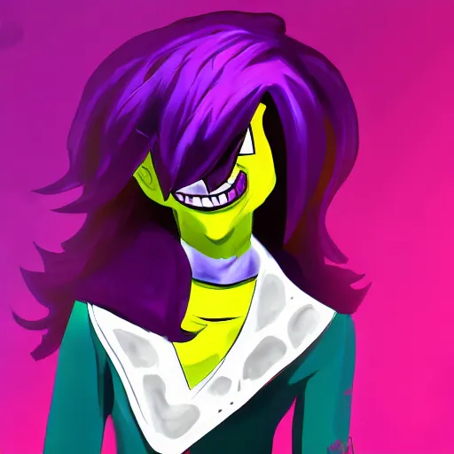 Prompt: susie from deltarune, purple skin, fantasy painting, smile, headshot, dramatic lighting, profile photo