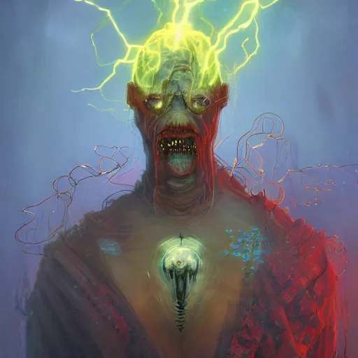 Image similar to medium shot of a weird Lovecraftian ghostly transparent yellow lightning elemental humanoid with red and blue goggles, cyberpunk concept art by pete mohrbacher and seb mckinnon and beksinski and josan gonzales, digital art, highly detailed, intricate, sci-fi, sharp focus, Trending on Artstation HQ, deviantart, unreal engine 5, 4K UHD image