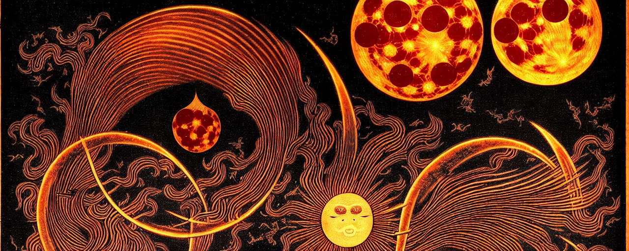 Prompt: a fiery yokai radiates a unique canto'as above so below'to the moon, while being ignited by the spirit of haeckel and robert fludd, breakthrough is iminent, glory be to the magic within, in honor of saturn, painted by ronny khalil