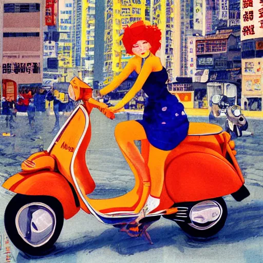 Image similar to the orange - haired vespa queen in hong kong, by amiet kuno and coby whitmore