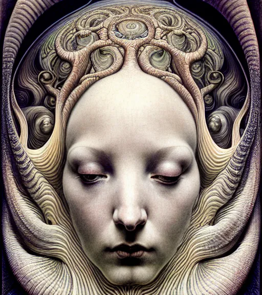 Image similar to detailed realistic beautiful clam goddess face portrait by jean delville, gustave dore, iris van herpen and marco mazzoni, art forms of nature by ernst haeckel, art nouveau, symbolist, visionary, gothic, neo - gothic, pre - raphaelite, fractal lace, intricate alien botanicals, ai biodiversity, surreality, hyperdetailed ultrasharp octane render