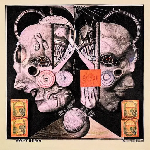 Image similar to post - punk new age album cover, asymmetrical design, dollar bank notes, capitalism, magic, apocalypse, psychedelic, black white pink, magic, giger h. r., giuseppe arcimboldo