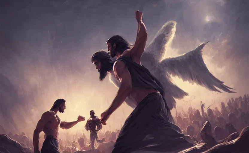 Prompt: Jesus Christ fighting Lucifer, digital art,ultra realistic,ultra detailed, ultra wide Lens, art by greg rutkowski