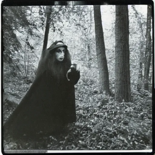 Prompt: A Polaroid from the 1980s of a witch in the woods doing something hunting