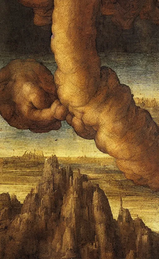 Prompt: The Towel of Babel reaching out towards the heavens above by Leonardo Da Vinci, surreal, renaissance, oil on canvas