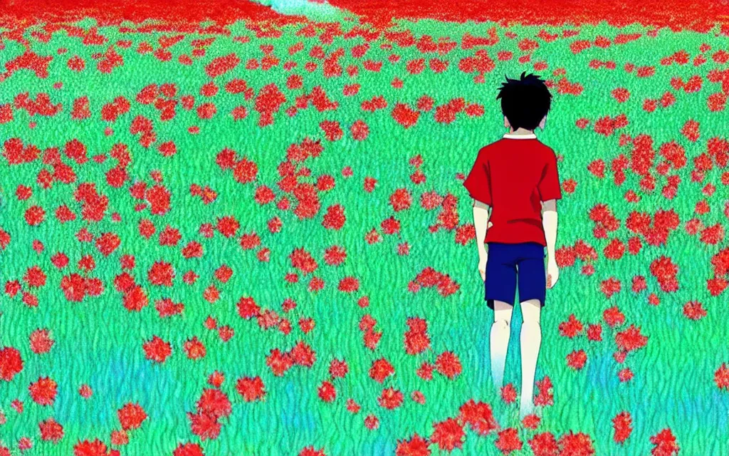 Prompt: a boy wearing a red soccer jersey day dreaming on a field of flower, beautiful bright blue sky. 35mm film. makoto shinkai, studio ghibli.