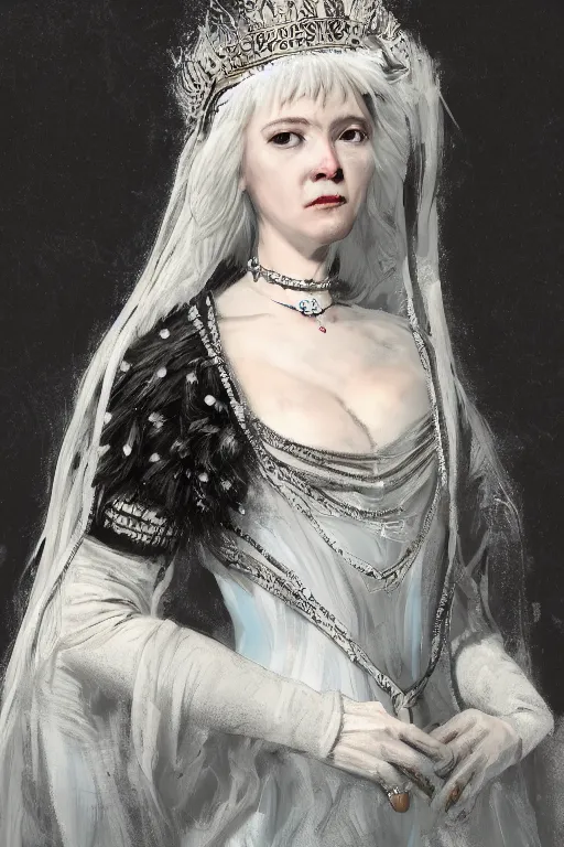 Image similar to Portrait of a frigid Ice Queen in the style of Artstation and Hyacinthe Rigaud