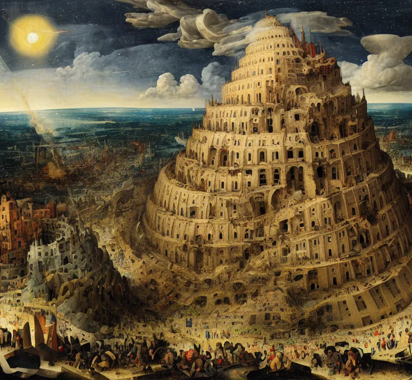 Prompt: a painting of the rubble that used to be the tower of babel, after it was hit by an explosion, at night with a sky full of stars, by pieter breugel the elder