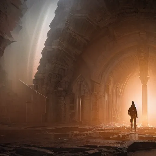 Image similar to a futuristic soldier entering into a ruined futuristic cathedral, unreal engine fantasy art, fog, volumetric lightning, nighttime, hd, 8k