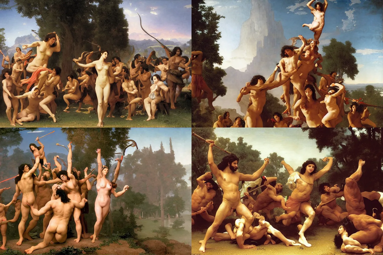 Prompt: chads from a gym frolicking in the Elysian fields, ride the Kali yuga, monumental painting by John Martin, characters by by William Adolphe Bouguereau