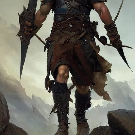 Image similar to Ranger marching toward the viewer, male, muscular, blue eyes!!!!, straight nose!!!, detailed face, exposed thighs!!!, fantasy, medieval, highly detailed, painting by greg rutkowski