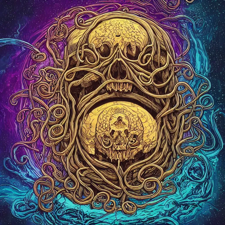 Prompt: a giant skull with intricate rune carvings and glowing eyes with symmetrically braided lovecraftian tentacles holding planet earth by dan mumford, twirling smoke trail, a twisting vortex of dying galaxies, digital art, vivid colors, highly detailed