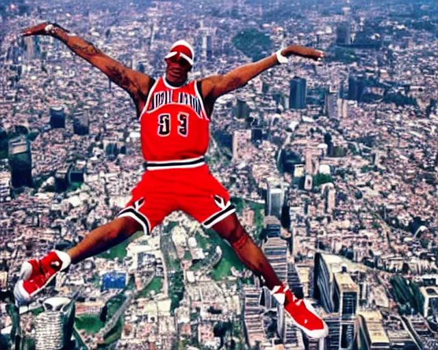 Prompt: dennis rodman t-posing in the air like jordan. he is flying over the city like a delicate little dove. windmill dunk.