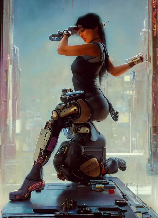 Prompt: Nikki Tanaka. Beautiful Feminist Cyberpunk mechanic with robotic legs. (Cyberpunk 2077, bladerunner 2049). Iranian orientalist portrait by john william waterhouse and Edwin Longsden Long and Theodore Ralli and Nasreddine Dinet, oil on canvas. Cinematic, vivid colors, hyper realism, realistic proportions, dramatic lighting, high detail 4k