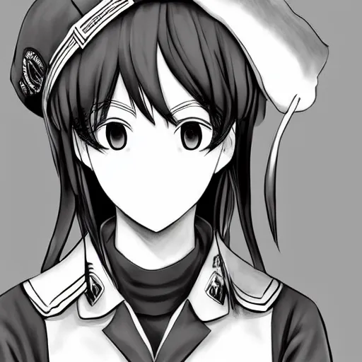 Image similar to manga style, black and white, precise line art, portrait of girl, trench sandbags in background, soldier clothing, military gear, short hair, hair down, symmetrical facial features, realistic face, 4 k, detailed drawing, available on mangadex, by kohei horikoshi