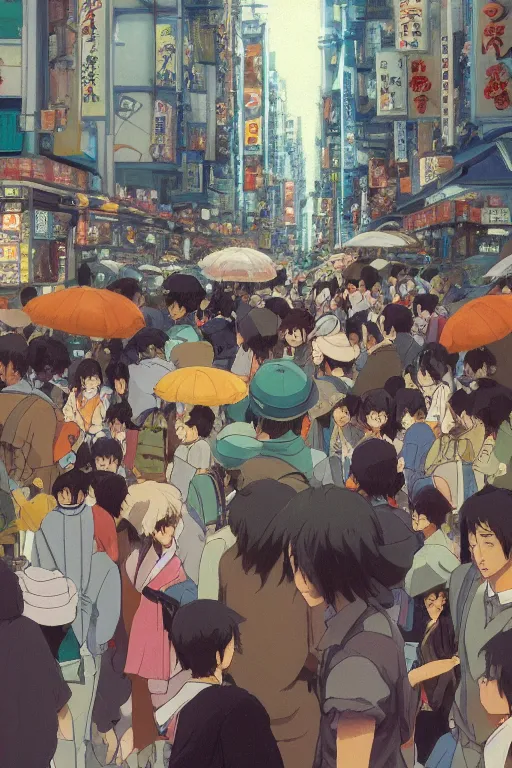 Prompt: Still from Studio Ghibli movie 'Lost in Crowded Tokyo', very detailed, focused, oil painting, colorful, canvas, artstation, Antoine Pierre Mongin