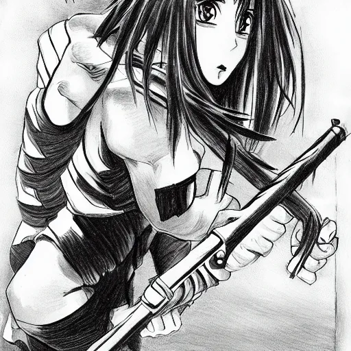 Image similar to manga drawing of a girl wielding a buzzsaw