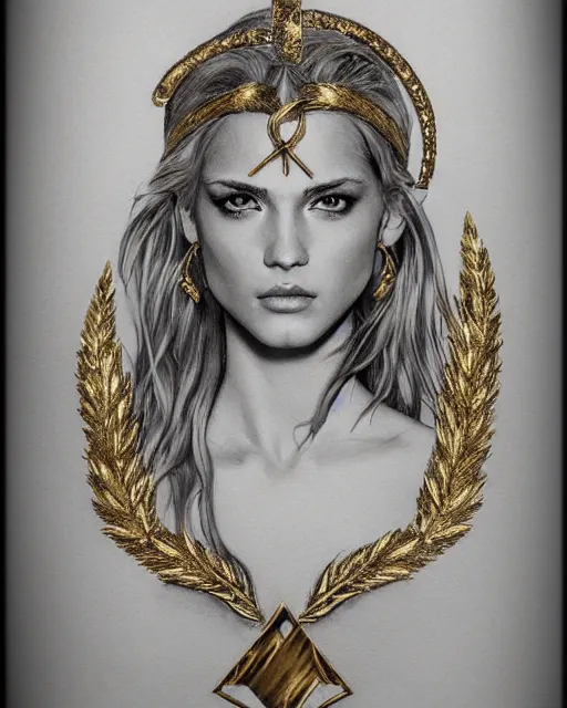 Image similar to front view of beautiful super model aphrodite greek goddess wearing a gold laurel wreath and triangle earrings, realism tattoo sketch, beautiful piercing eyes with sharp pupils, beautiful blonde hair, in the style of greg rutkowski, fantasy, amazing detail, epic, elegant, smooth, sharp focus