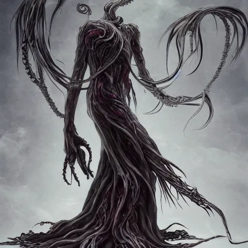 Prompt: an anime art piece by yuji ikehata and satoshi kon, of an ethereal ghostly wraith like figure with a squid like parasite latched onto its head and long tentacle arms that flow lazily but gracefully at its sides like a cloak, for a new resident evil village anime, with inspiration from bloodborne