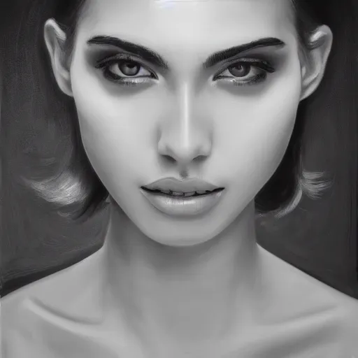 Prompt: black and white centered close-up of fashion model girl in wide white hat, hyperrealism oil painting