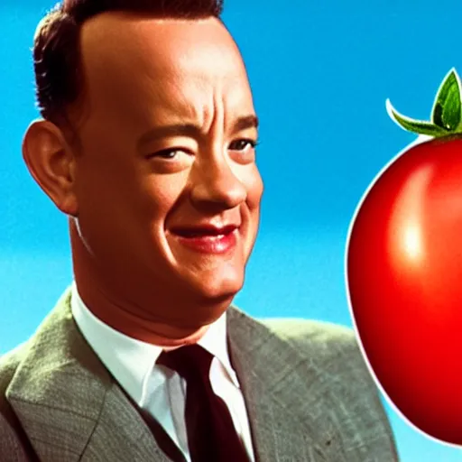 Prompt: tom hanks as a tomato, looks like a tomato