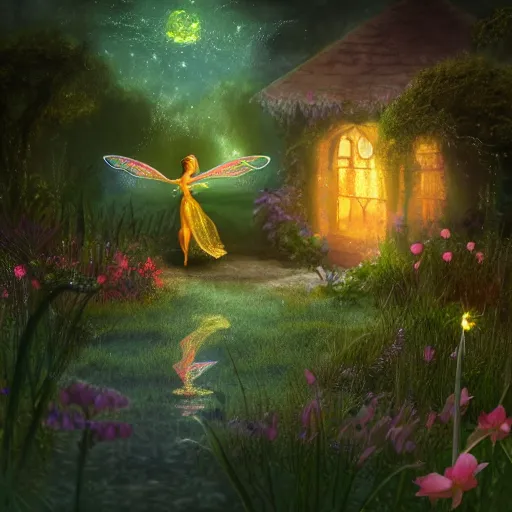 Prompt: fairy glowing magically at night concept art, realistic garden, beautiful, glorious, matte painting, highly detailed, trending on artstation, 4 k