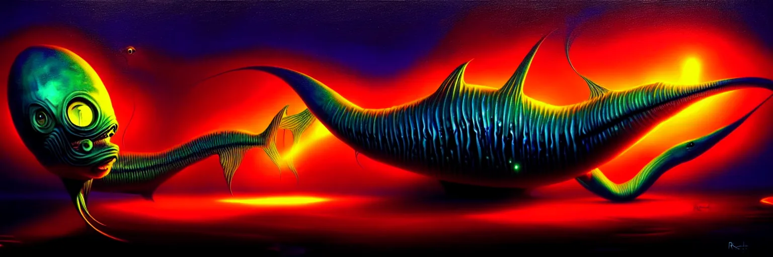 Image similar to strange alien fish creatures from the depths of the collective unconscious, dramatic lighting, surreal darkly colorful painting by ronny khalil