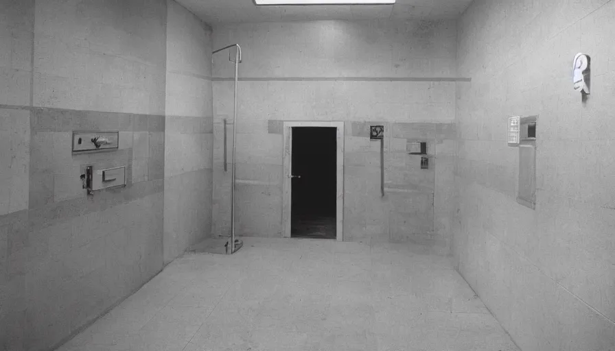 Prompt: 60s movie still of a sovietic stalinist style empty Infinite public shower, cinestill 800t 50mm eastmancolor, liminal Space style, heavy grain-s 150