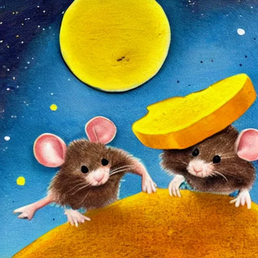 Image similar to two cheerful mice on a planet made of cheese, highly detailed painting