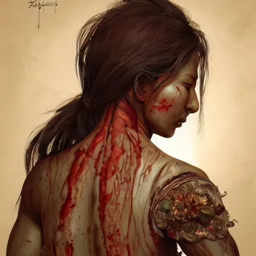 Prompt: portrait painting of a bloodied nepali female butcher from behind, ultra realistic, concept art, intricate details, eerie, highly detailed, photorealistic, octane render, 8 k, unreal engine. art by artgerm and greg rutkowski and alphonse mucha