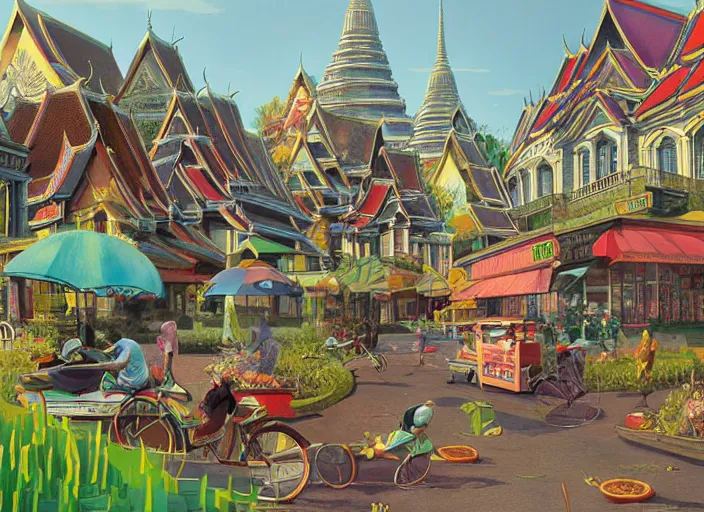 Image similar to bangkok townsquare, summer morning, very coherent and colorful high contrast, art by gediminas pranckevicius, geof darrow, dark shadows, hard lighting