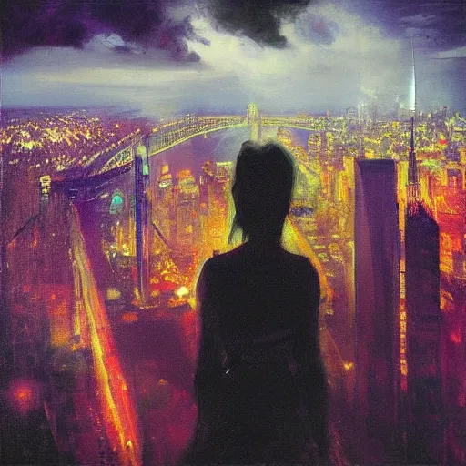 Image similar to “ a girl looking down at a futuristic new york city below, ghostpunk, neon lights, fog, storm clouds, rain, detailed face, oil painting, by george bellows ”