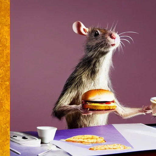 Prompt: an anthropomorphic rat!!!!! sitting at a desk, eating a burger, photorealism, 4 k, 8 k, shot by jimmy nelson, intricate