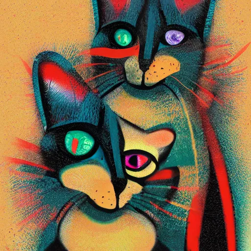 Image similar to A highly stylized conceptual art 4k shaded matte illustration of two abstract expressionist cats intertwined together in the style of Kandinksy