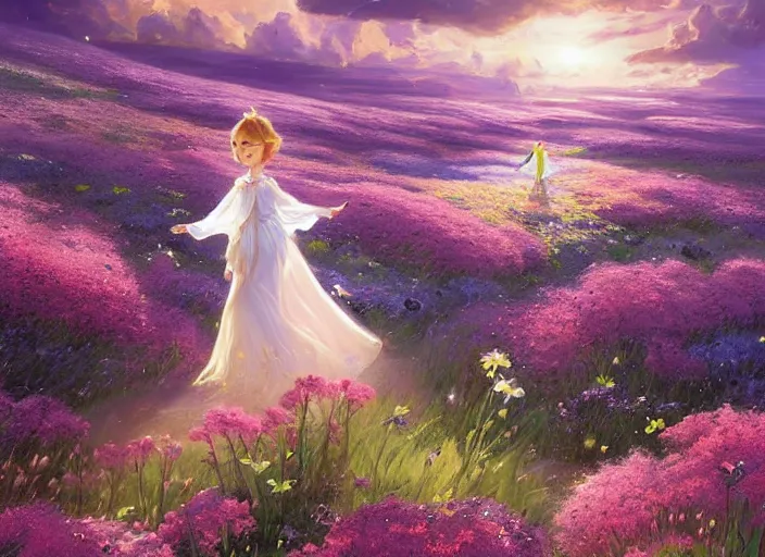 Prompt: a lone princess walks through a vast flower field in the cosmic sky by vladimir volegov and alexander averin and peder mørk mønsted and ross tran and raphael lacoste