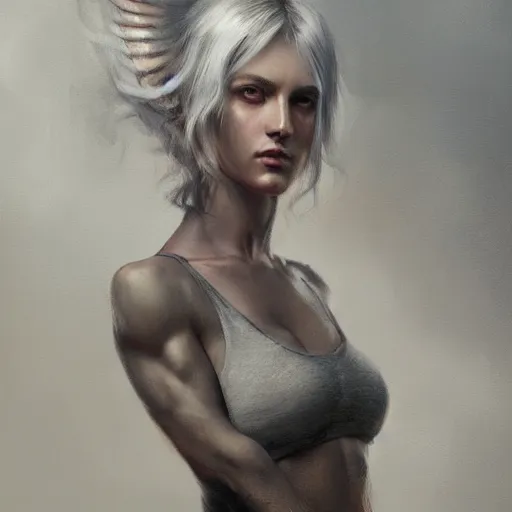 Image similar to painting of a beautiful grey haired girl with muscles, by tom bagshaw, greg rutkowski, wlop