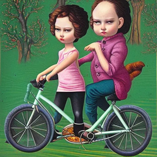 Prompt: a cat and a child on a tandem bike, lowbrow painting by mark ryden