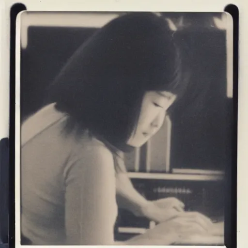 Image similar to 1 9 7 0 s polaroid of a female japanese musician playing a vintage modular synthesizer, hazy, faded